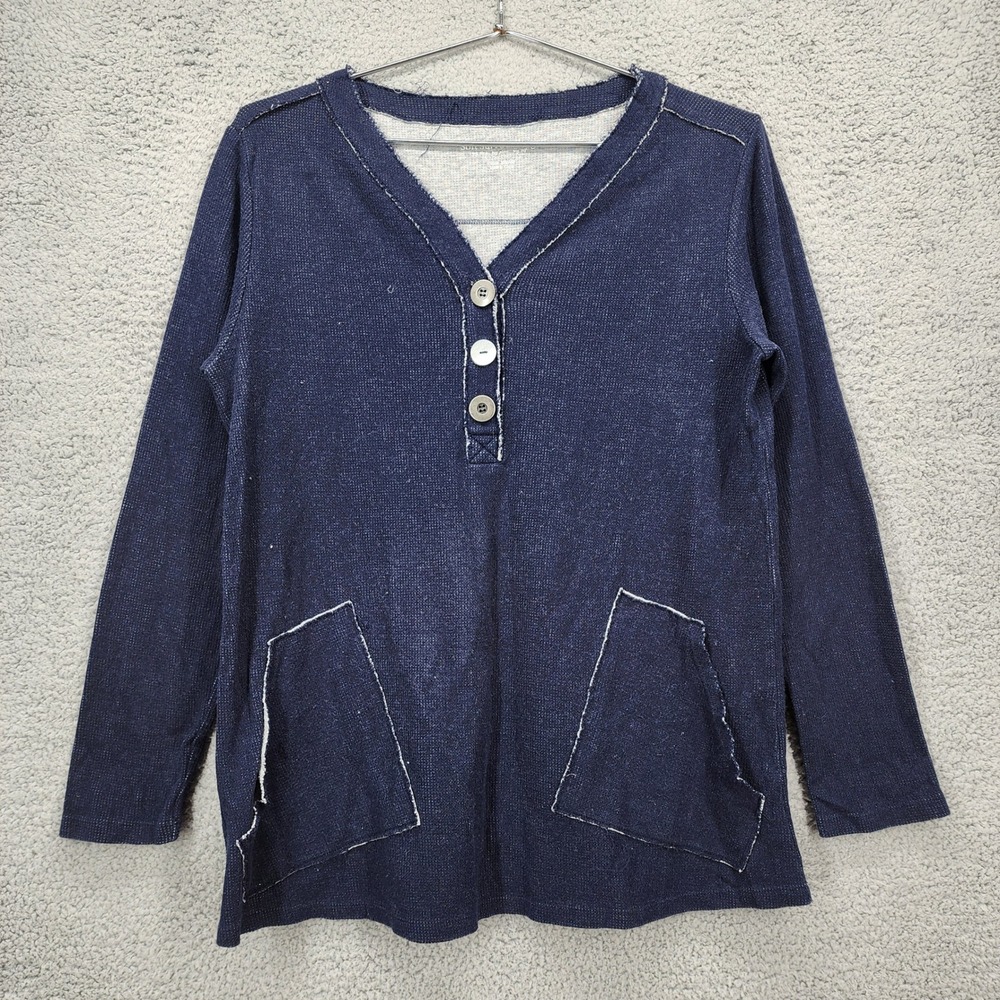Soft Surroundings Indigo Waffle Knit Henley Top Raw Edge Blue Petite XS